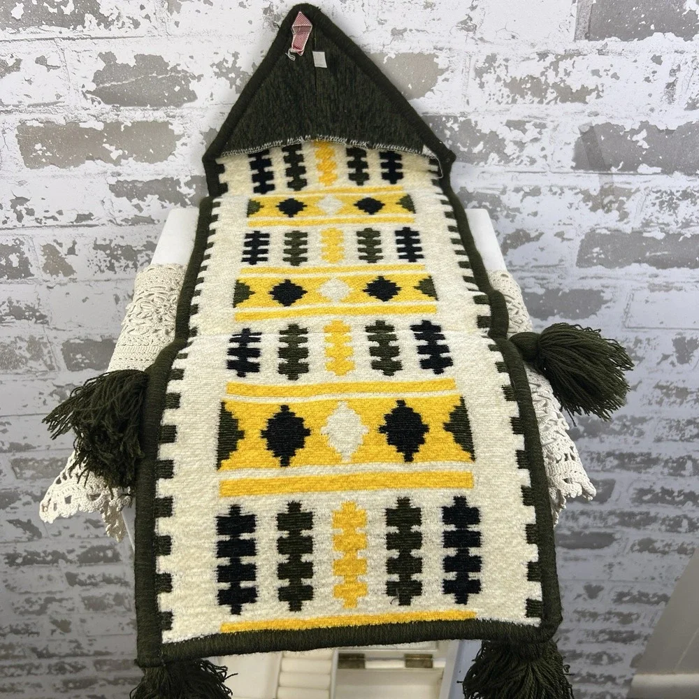 Vintage Syrian Wool Kilim Hanging Wall Pocket Hand Woven Green Gold Tassels 24
